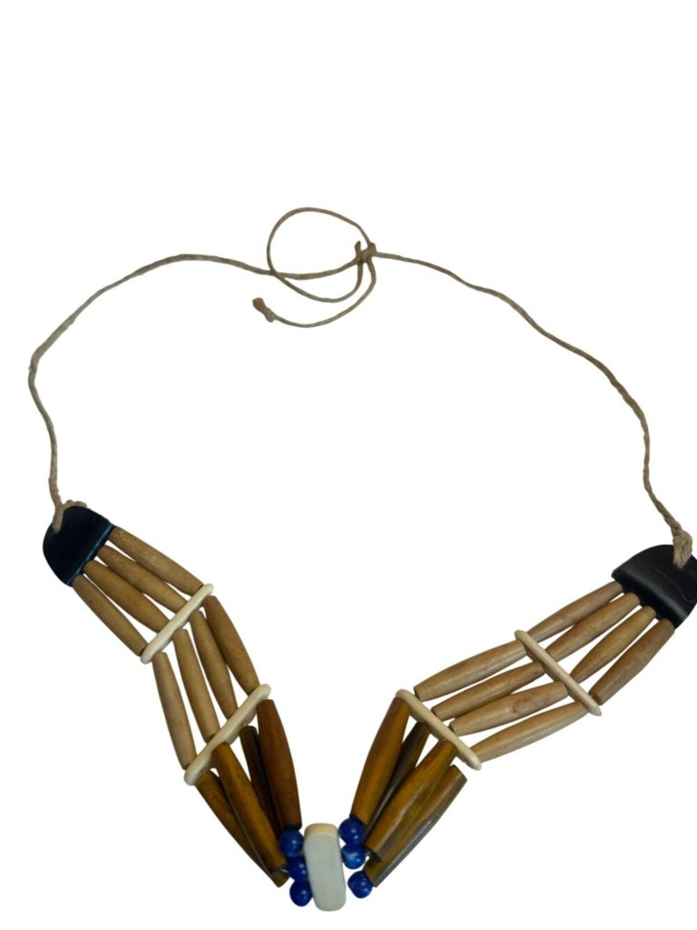 Handcrafted Tribal-Style Necklace Wooden Beads Blue Accents Rustic Statement